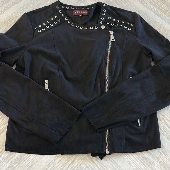 VIGOSS Black Faux Suede Zipper Jacket with Studded Embellishments - Size S - Picture 1 of 5
